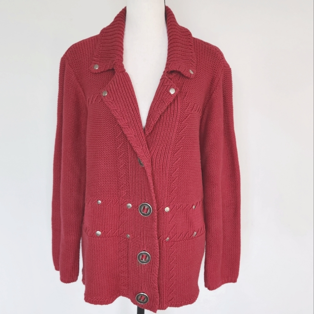Chico's Cardigan Sweater Chunky Heavy Warm Red Rivet Big Buttons Large/ 3 - Picture 3 of 14